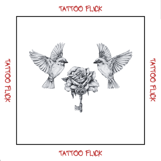 Birds Rose and Key - Temporary Tattoo